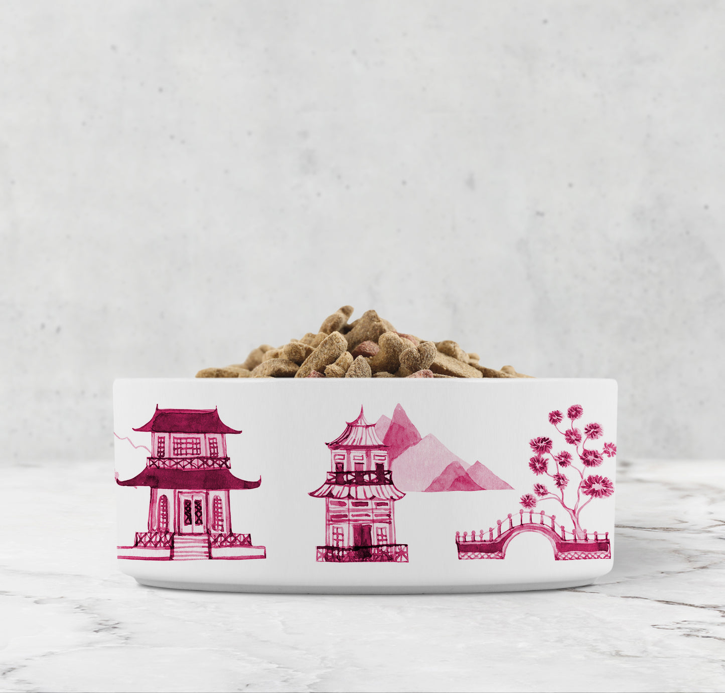 Chinoiserie Pet Bowl, Pagoda Print, Ceramic, Pink and White