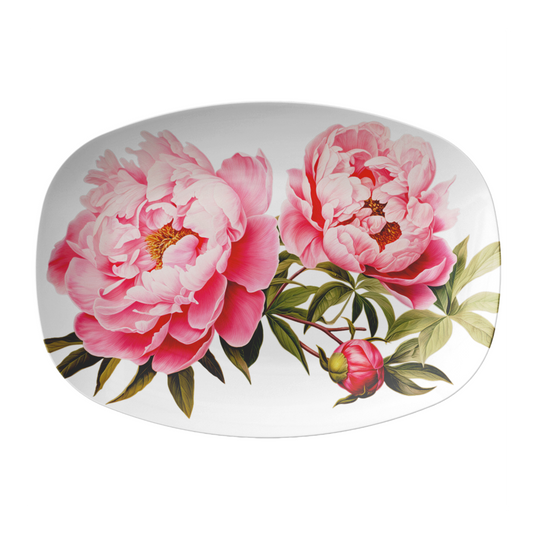 Oval serving platter with pinky peony flower botanical print on white