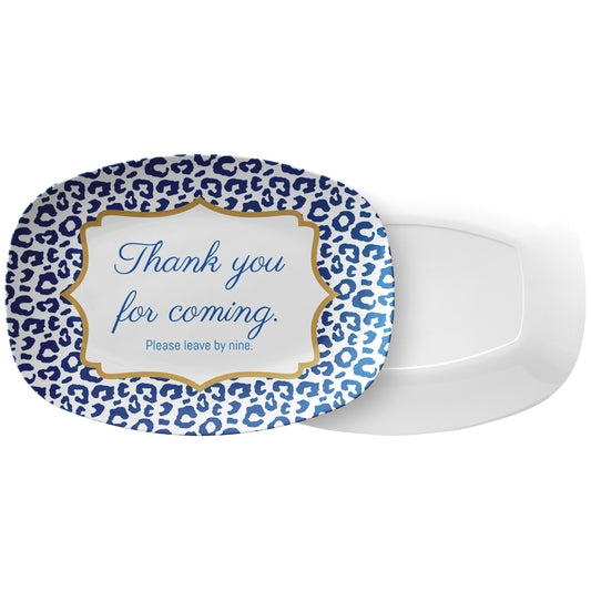 Fun Leopard Print Serving Platter, Blue – “Thank You for Coming. Please Leave by Nine”, Luxury Plastic