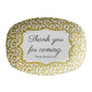 Oval serving platter with gold leopard print border and 'Thank you for coming. Please leave by nine.' text on a white background.