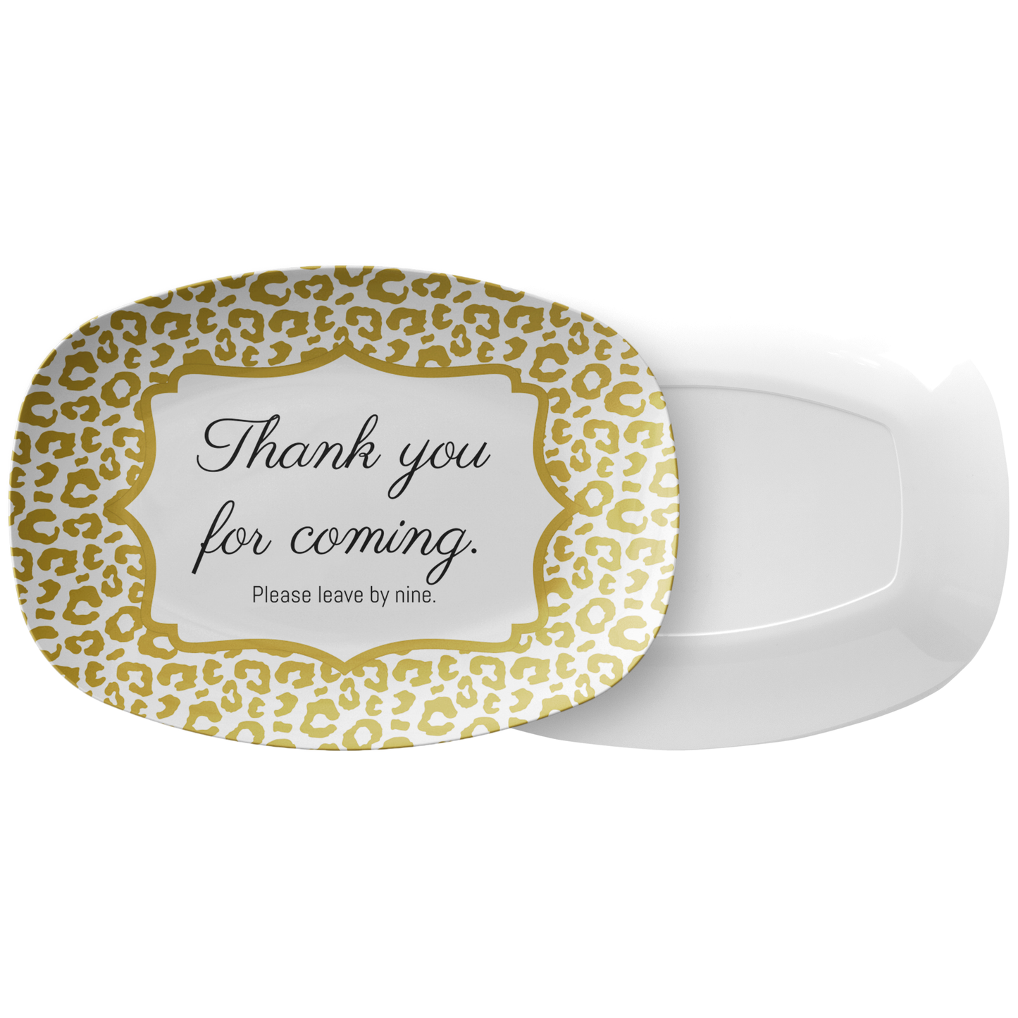Fun Leopard Print Serving Platter, Gold – “Thank You for Coming. Please Leave by Nine”, Luxury Plastic