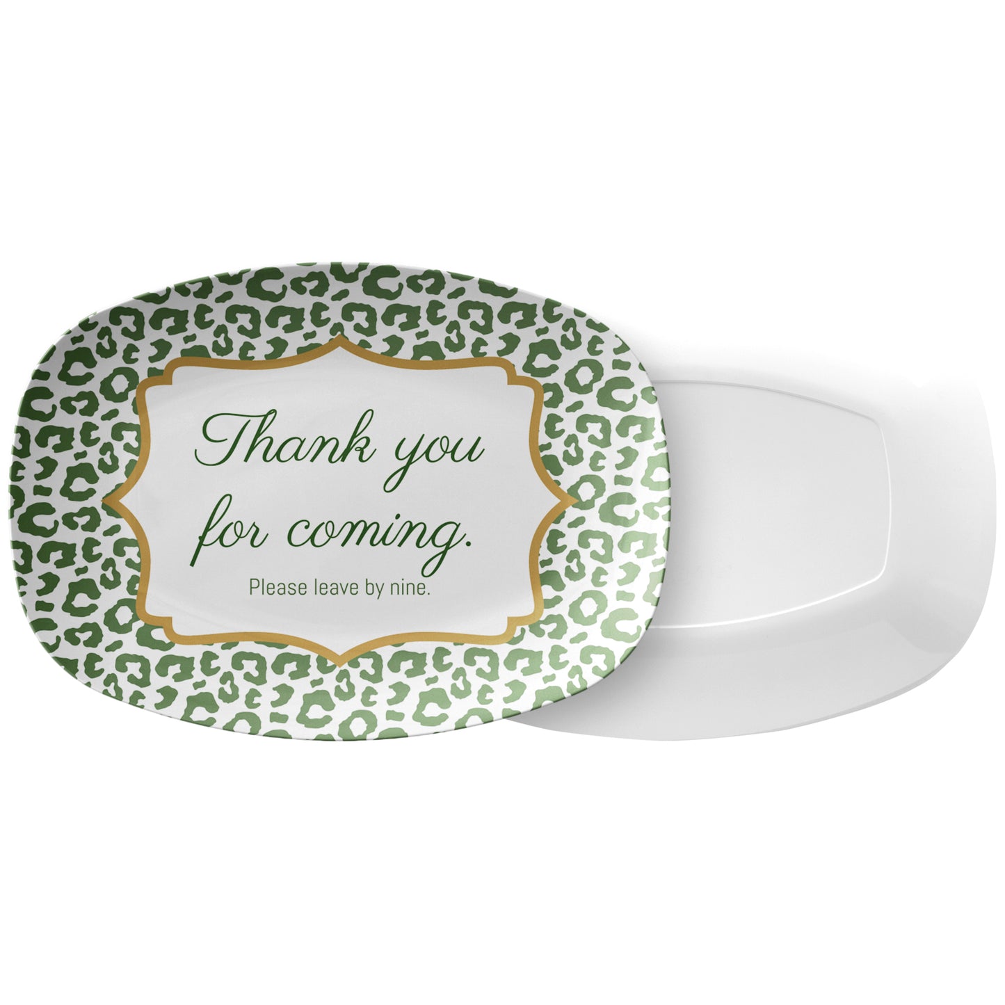 Fun Leopard Print Serving Platter, Green – “Thank You for Coming. Please Leave by Nine”, Luxury Plastic