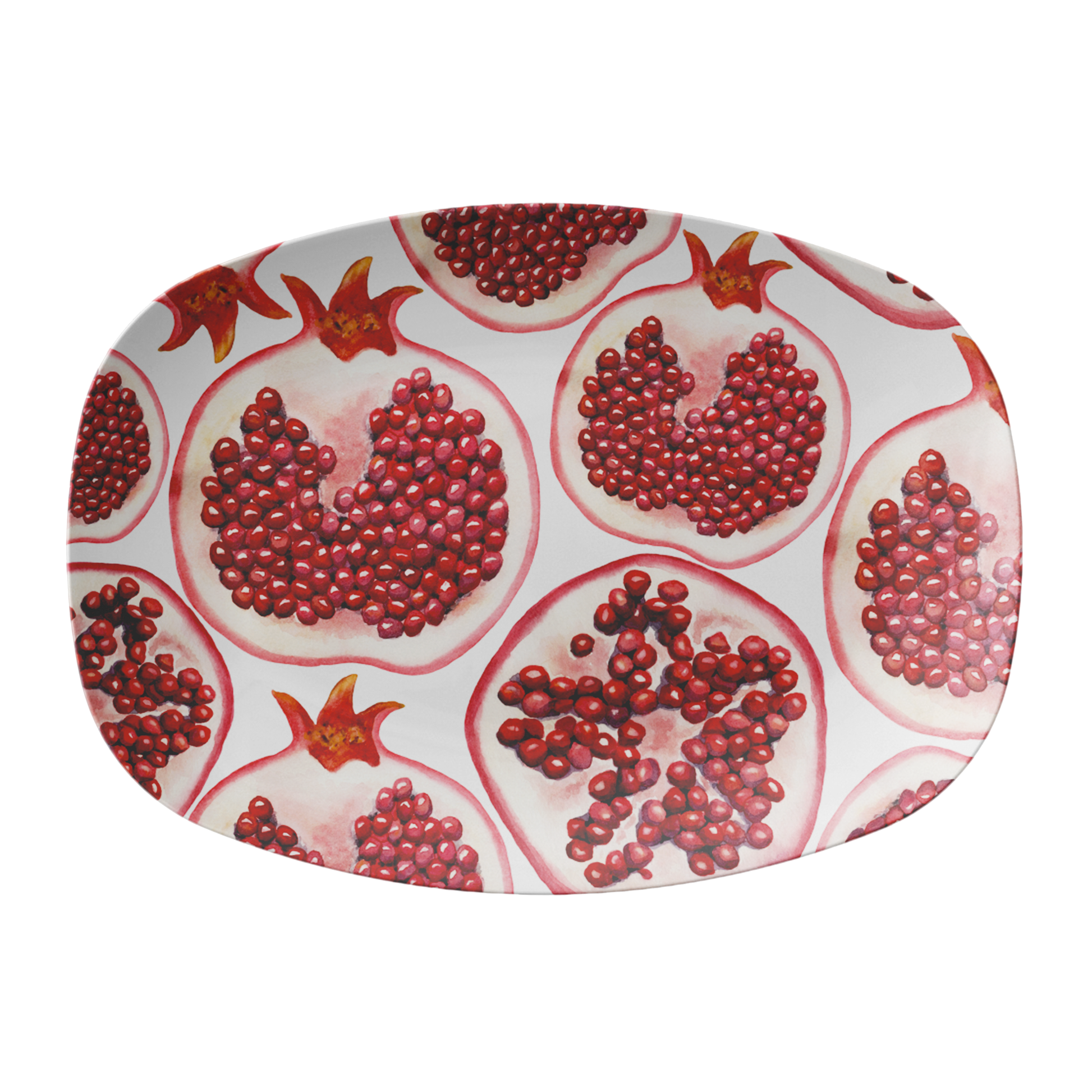 Oval platter with pomegranate design on a white background