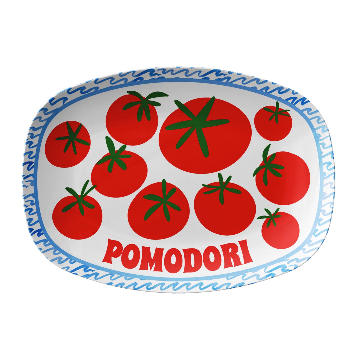 Serving Platter with red tomatoes and 'Pomodori' text on a white background
