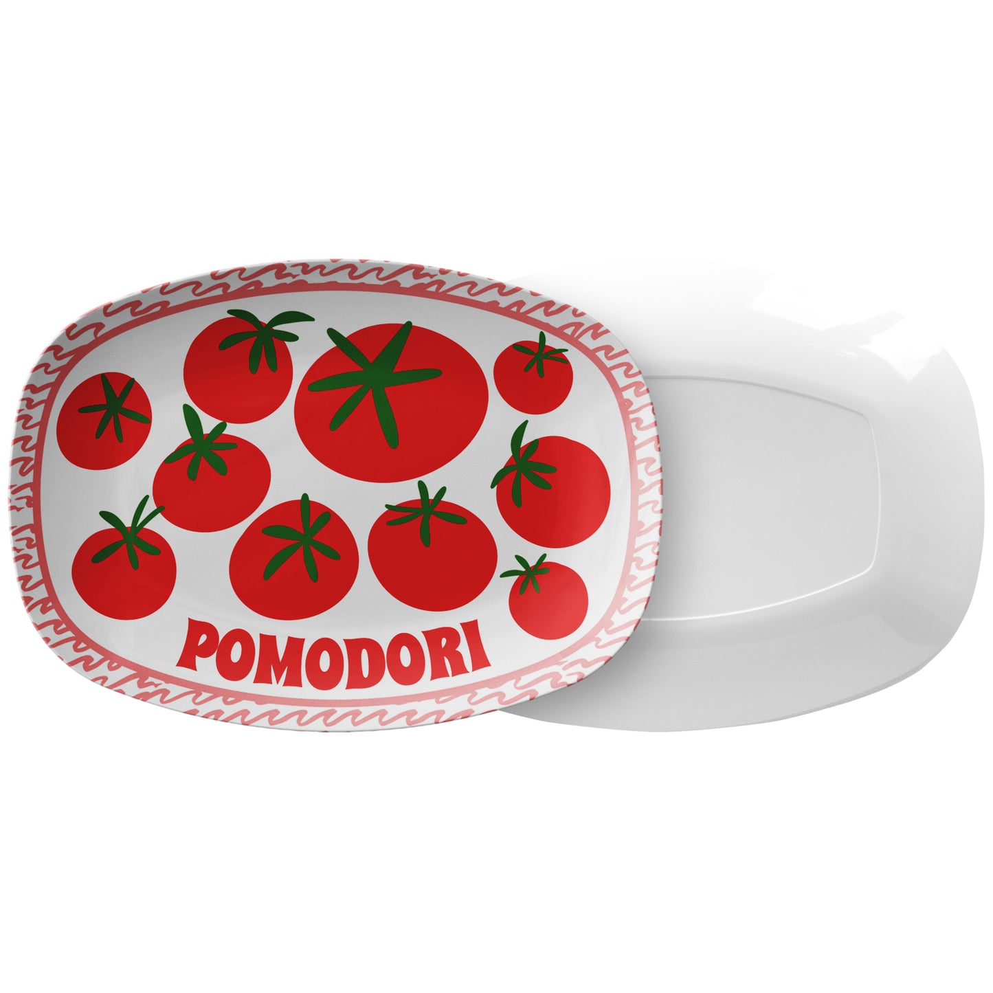 Pomodori Tomato Serving Platter with Coral & White Wavy Striped Border, Luxury Plastic