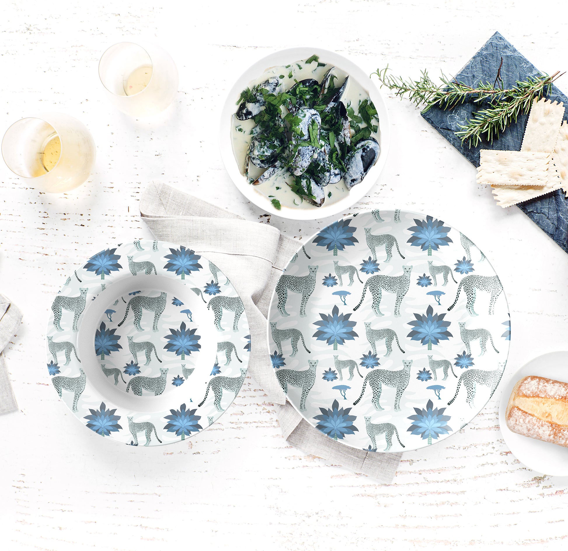 Safari Cheetahs & Palm Trees Dinnerware, Blue & White