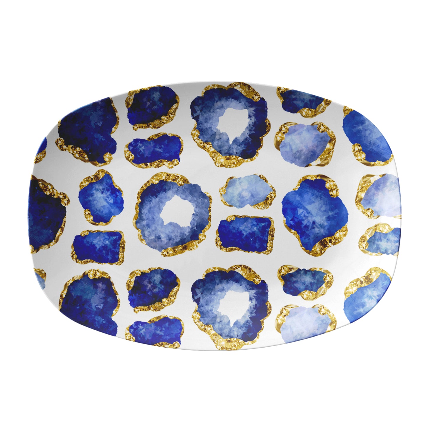 Gemstone print oval serving platter features sapphire blue jewels with gold accents on white
