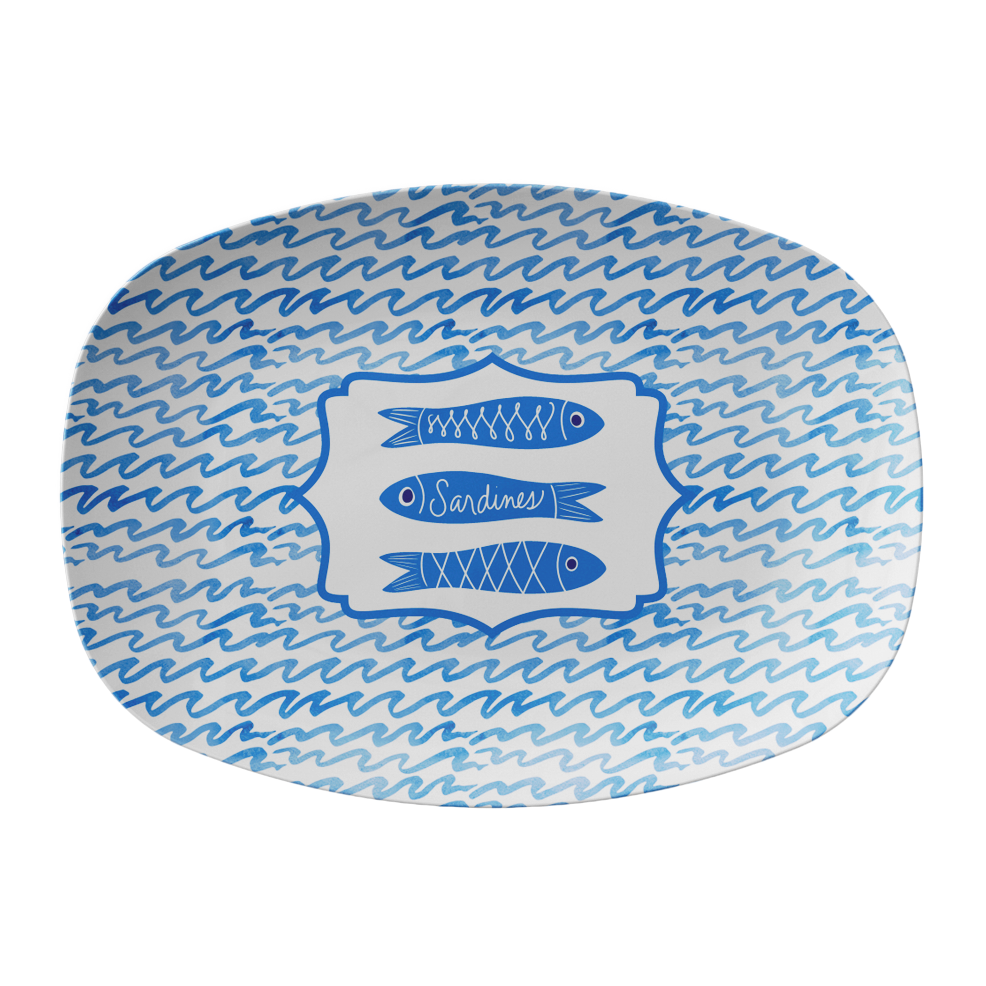 Oval platter with blue wave pattern and sardine illustration on a white background.