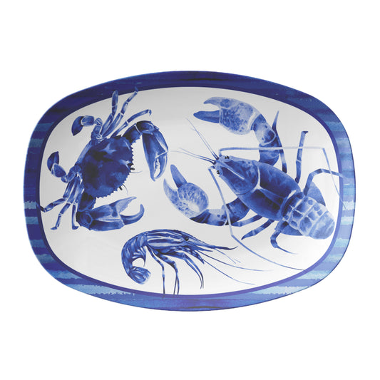 Serving platter with Indigo Blue watercolor painted shellfish motifs: crab, lobster and shrimp on white with subtle nautical striped border.