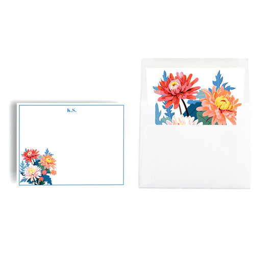 Floral print personalized notecard set with matching lined envelope and custom monogram