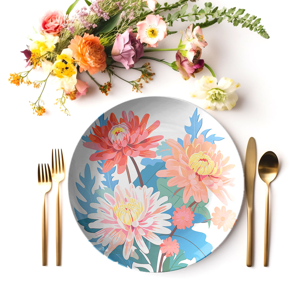 Aster Floral plate with cutlery and flowers on a white background