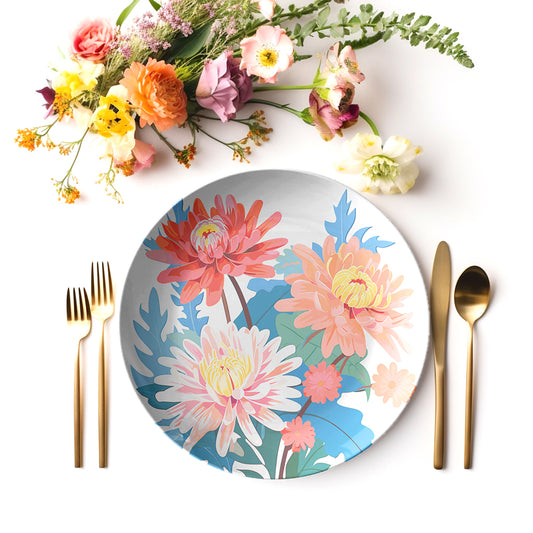 Aster Floral plate with cutlery and flowers on a white background