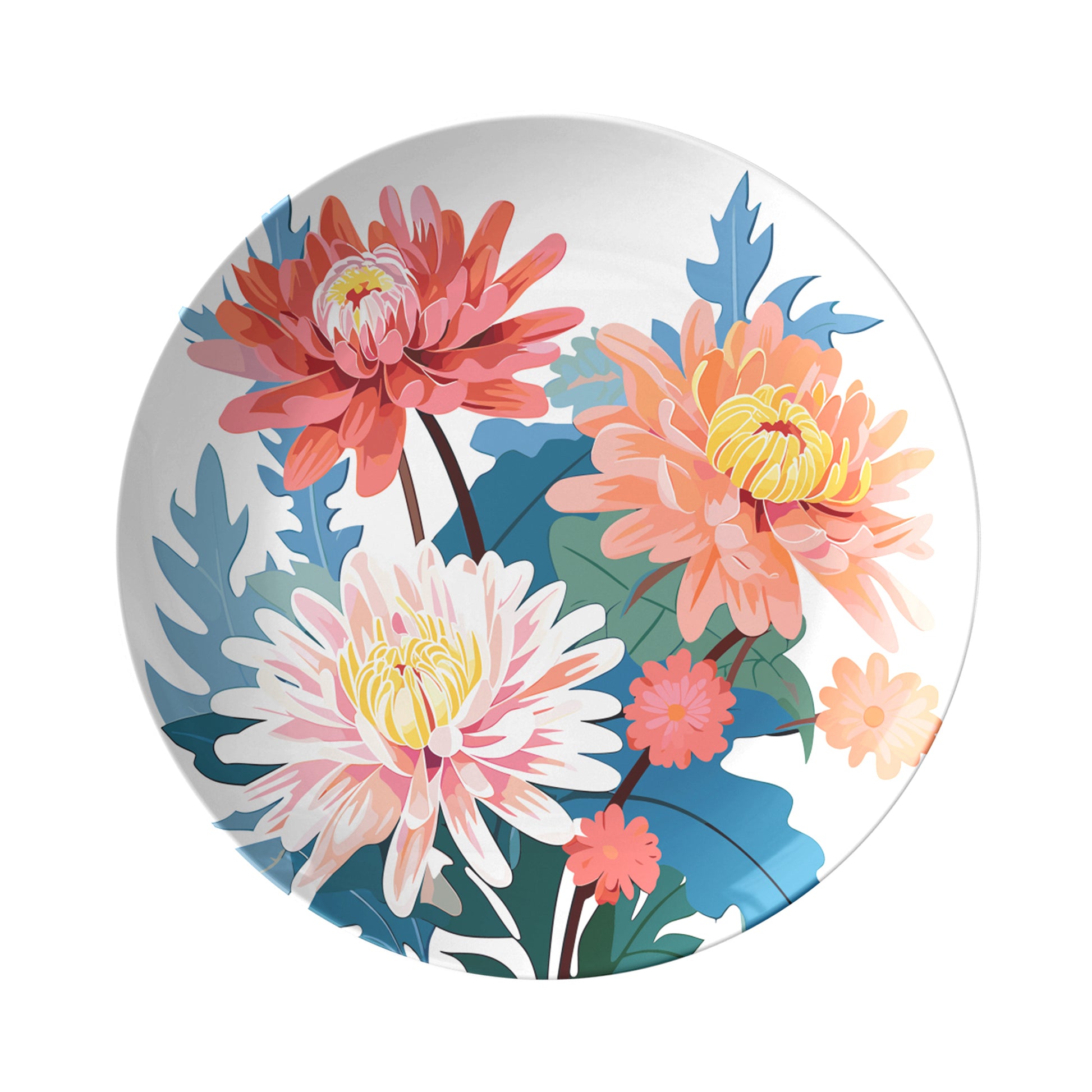 Birth month flower round plate features hand illustrated aster floral bouquet print on white background