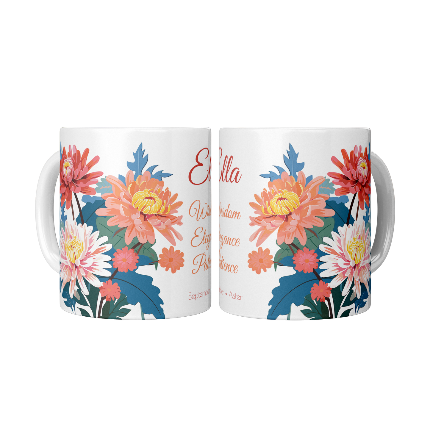 Two floral birth month flower mugs with colorful designs on a white background