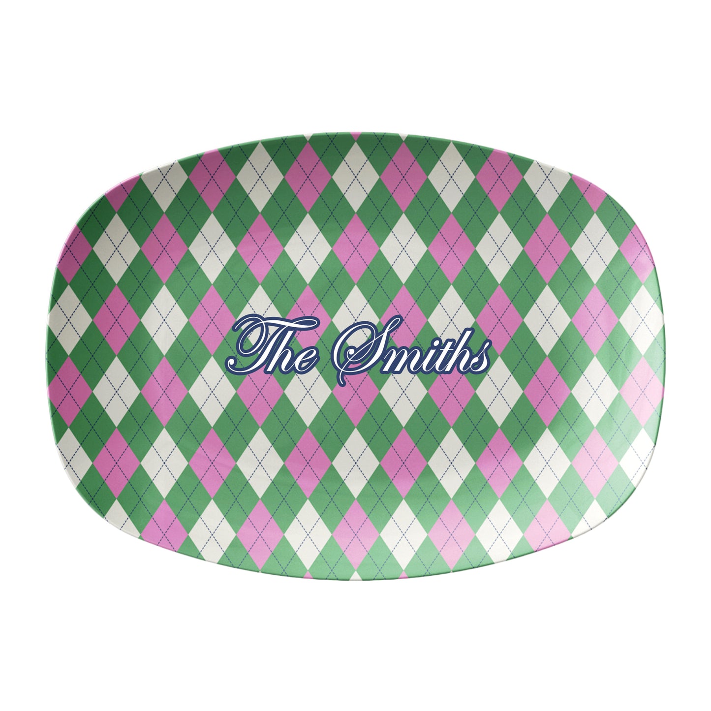 Oval serving platter has an argyle diamond pattern in green and pink and can be personalized with any custom text.