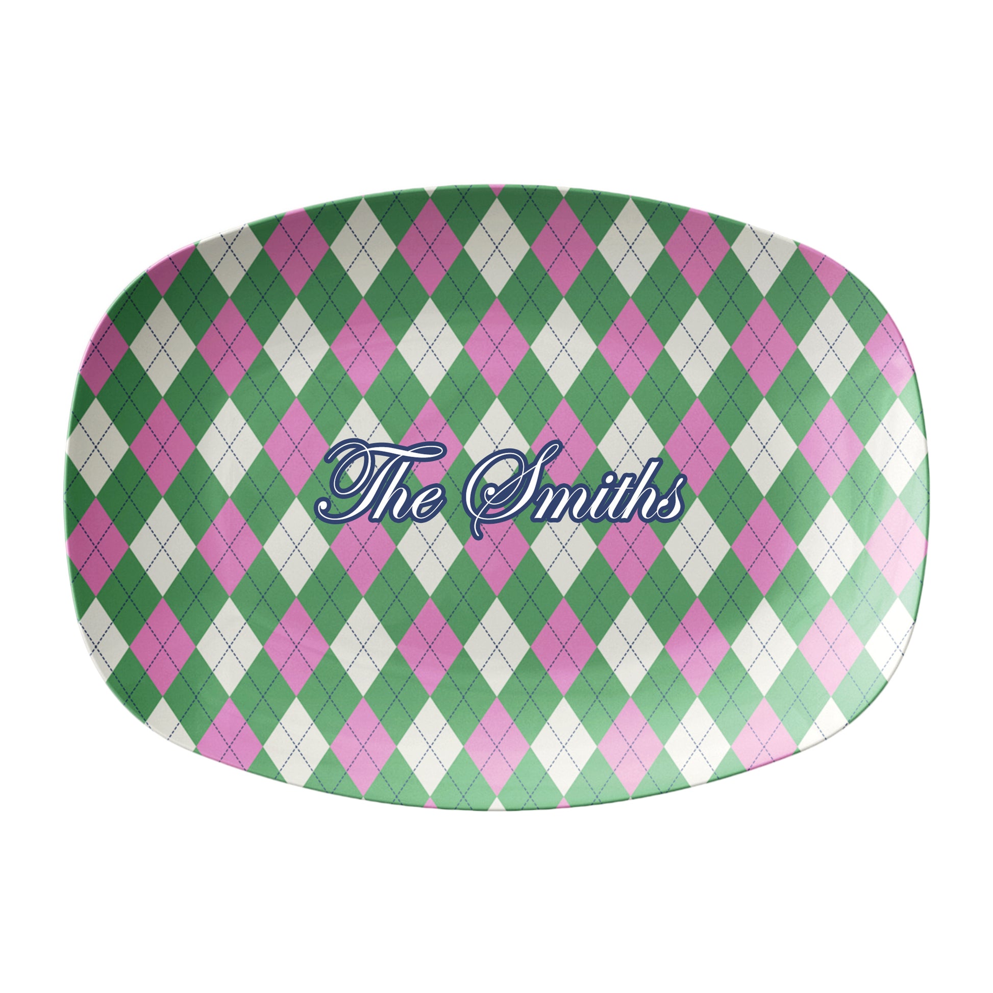 Oval serving platter has an argyle diamond pattern in green and pink and can be personalized with any custom text.