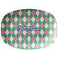 Oval serving platter has an argyle diamond pattern in green and pink and can be personalized with any custom text.
