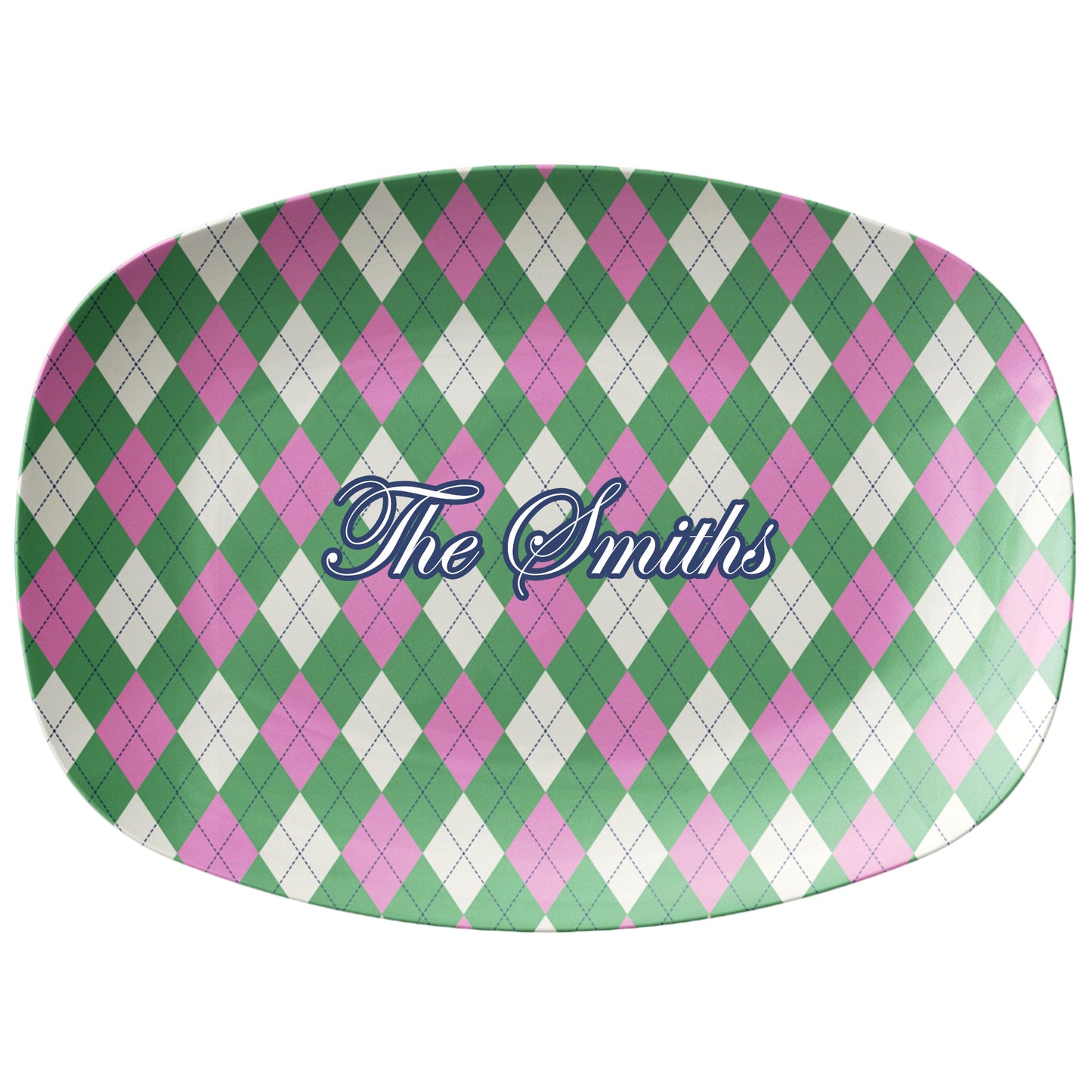 Oval serving platter has an argyle diamond pattern in green and pink and can be personalized with any custom text.