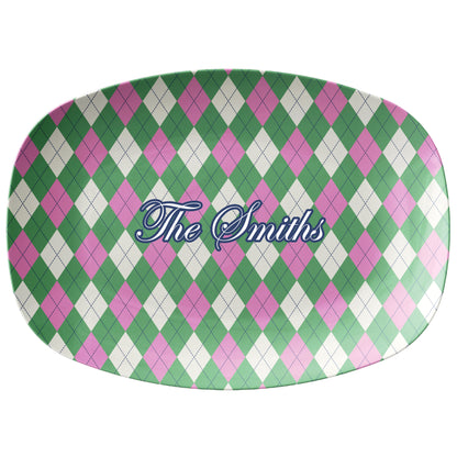Oval serving platter has an argyle diamond pattern in green and pink and can be personalized with any custom text.