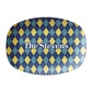Navy and yellow argyle plaid diamond patterned serving platter can be personalized with any text.