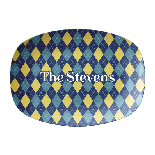 Navy and yellow argyle plaid diamond patterned serving platter can be personalized with any text.