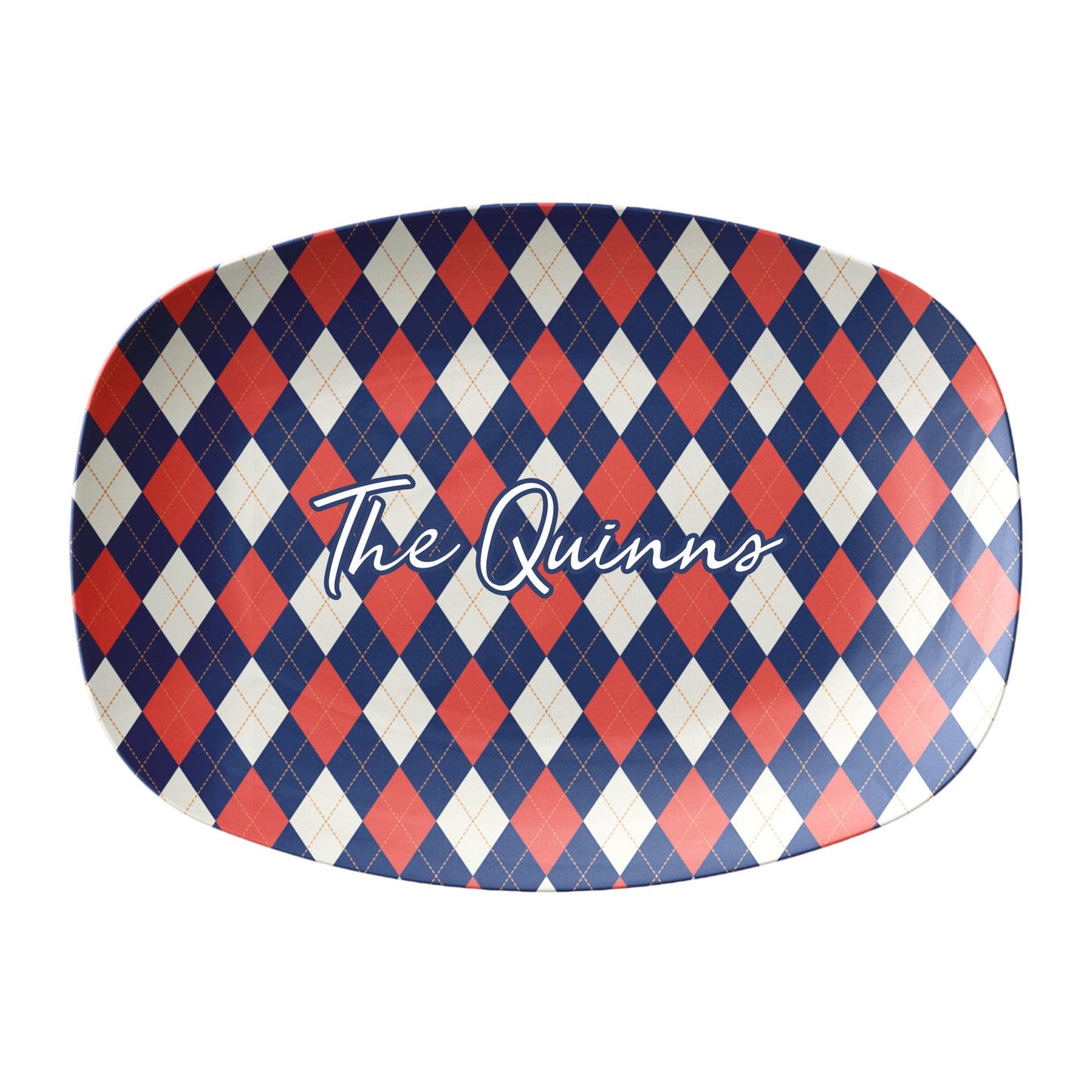 Argyle diamond patterned serving platter in red, navy and cream can be personalized with any text.