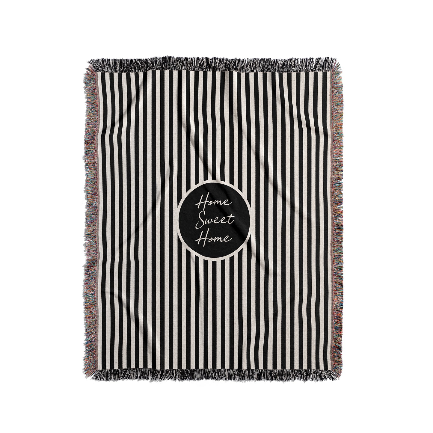 Personalized woven blanket with a black and cream stripes.