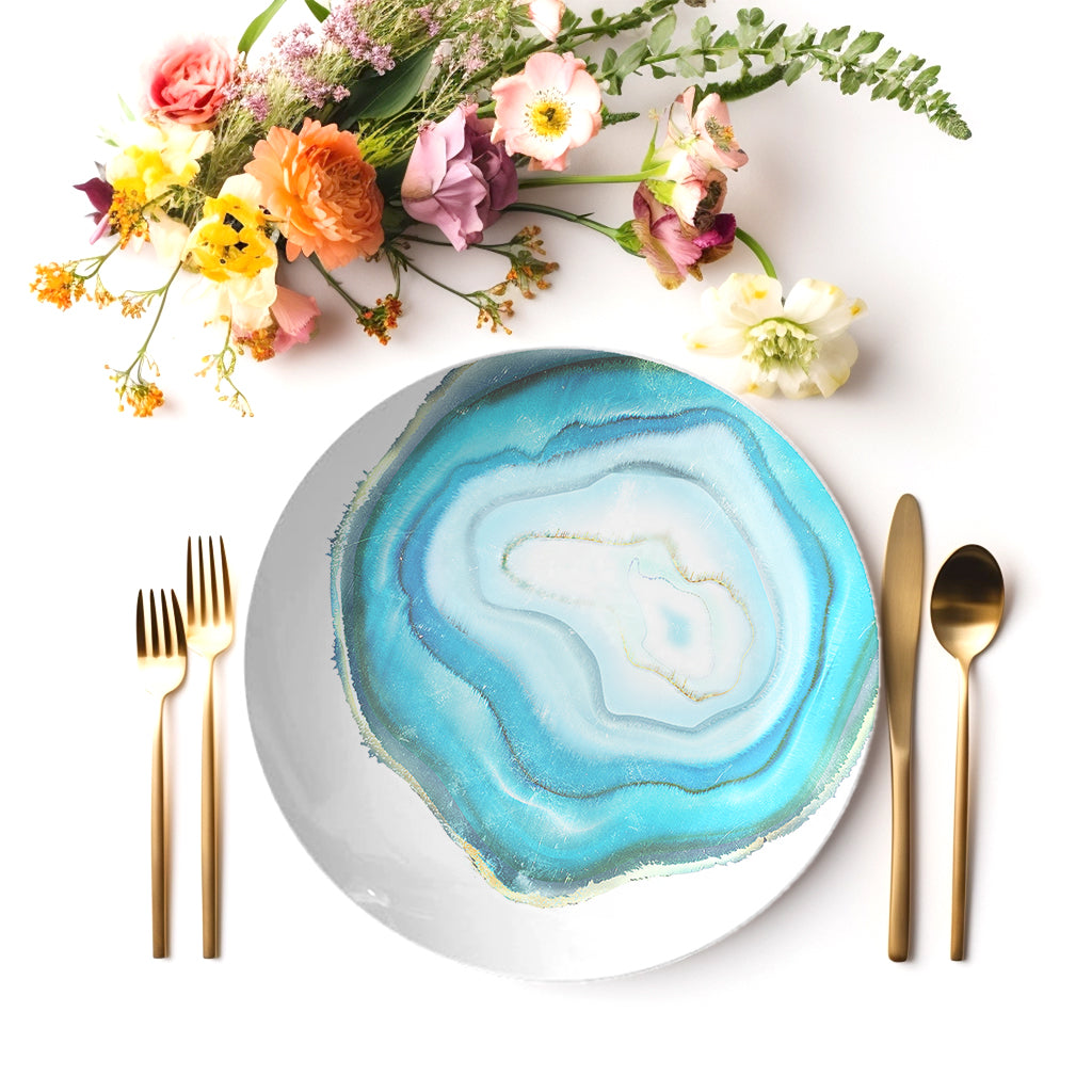 Agate Print Plastic Plate 10", Set of 4, Teal Blue & White