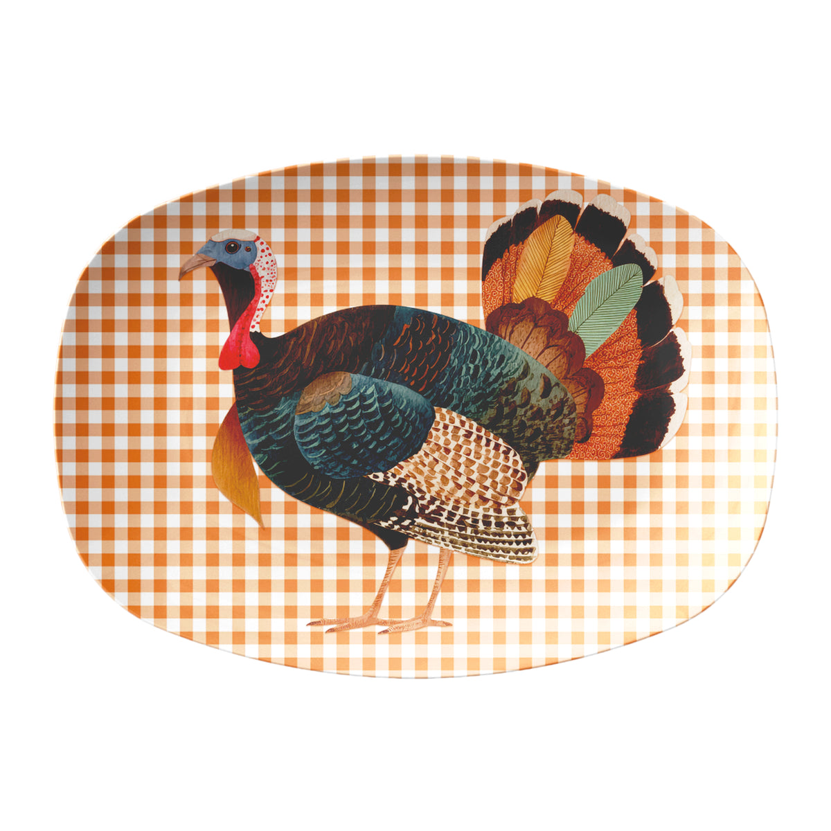 Oval serving platter features a watercolor illustrated turkey against a warm pumpkin-orange gingham background, creating a timeless look for your Thanksgiving table.
