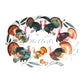 White oval serving platter with a graphic of colorful turkey birds. Personalized custom text is in the center of the platter.