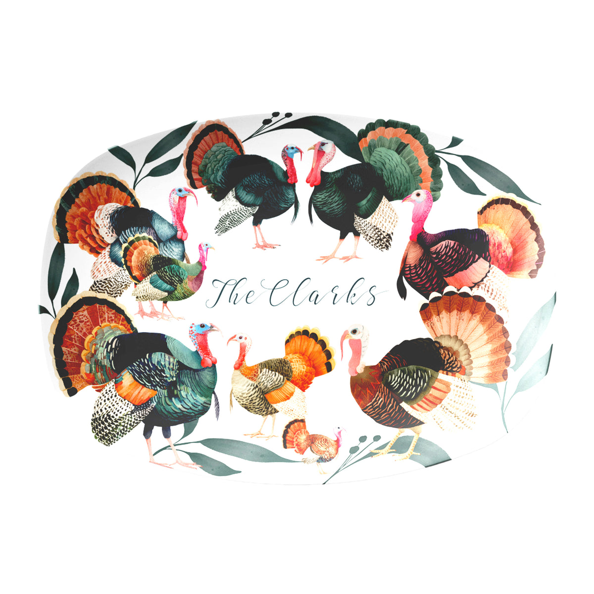 White oval serving platter with a graphic of colorful turkey birds. Personalized custom text is in the center of the platter.