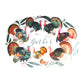White oval serving platter with colorful handpainted turkey artwork in deep earth tones with rich green leaf accents, perfect for a warm, natural Thanksgiving table. Text in the center of platter says Gather.