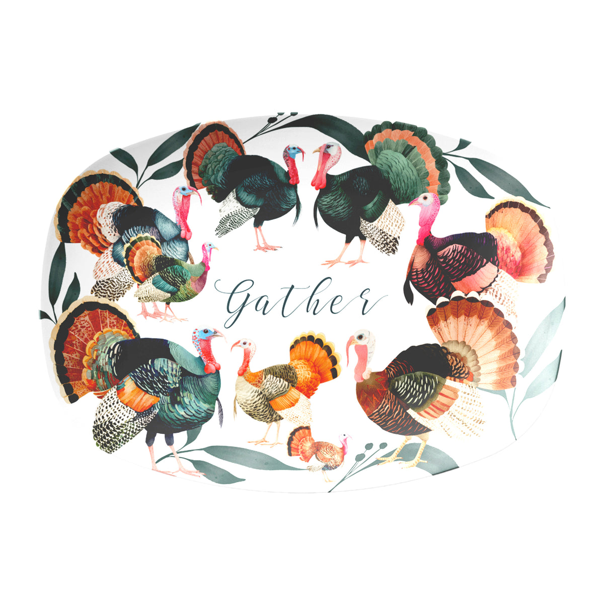 White oval serving platter with colorful handpainted turkey artwork in deep earth tones with rich green leaf accents, perfect for a warm, natural Thanksgiving table. Text in the center of platter says Gather.