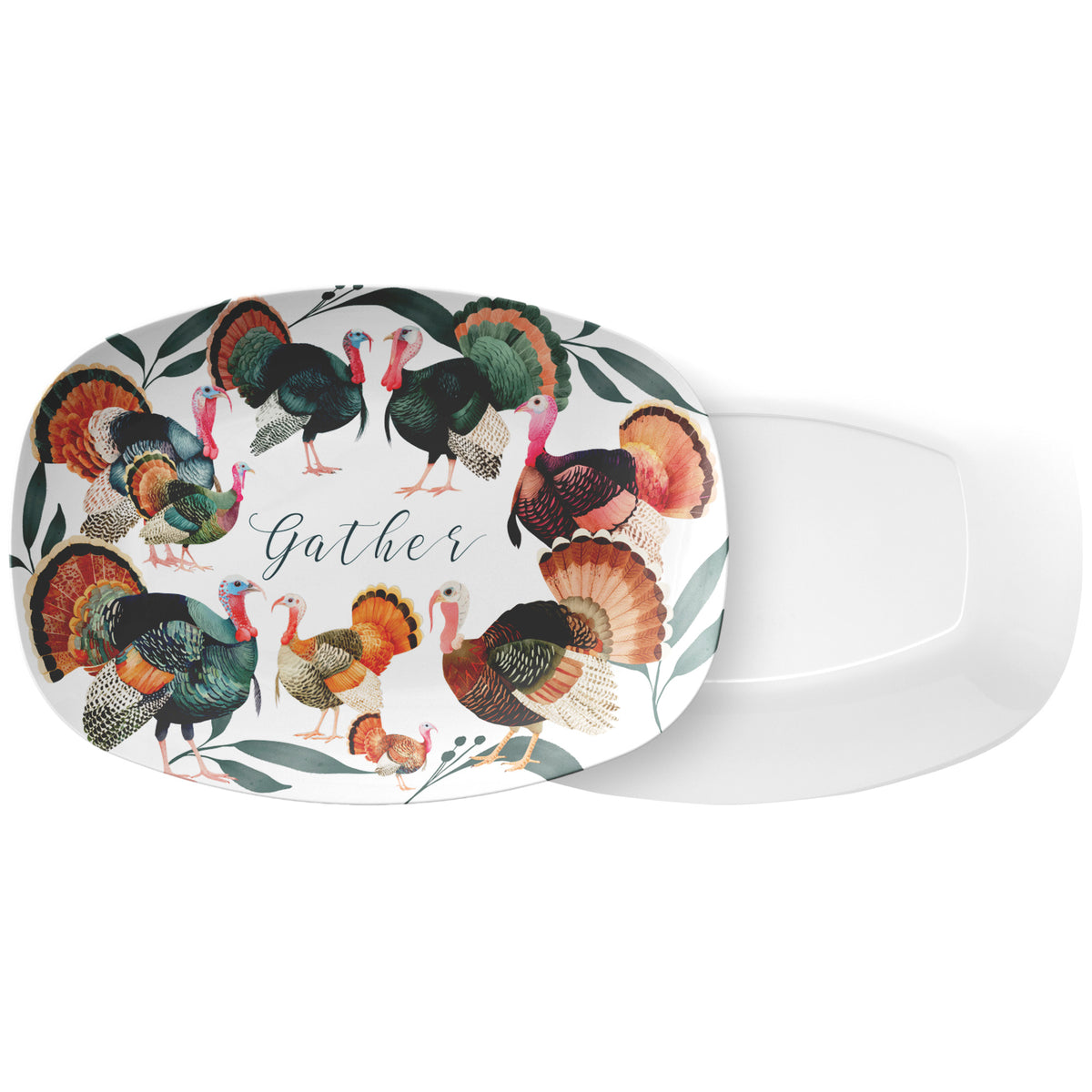 Colorful Turkey Thanksgiving Serving Platter, Luxe Plastic 10" x 14", Earth Tones/Green