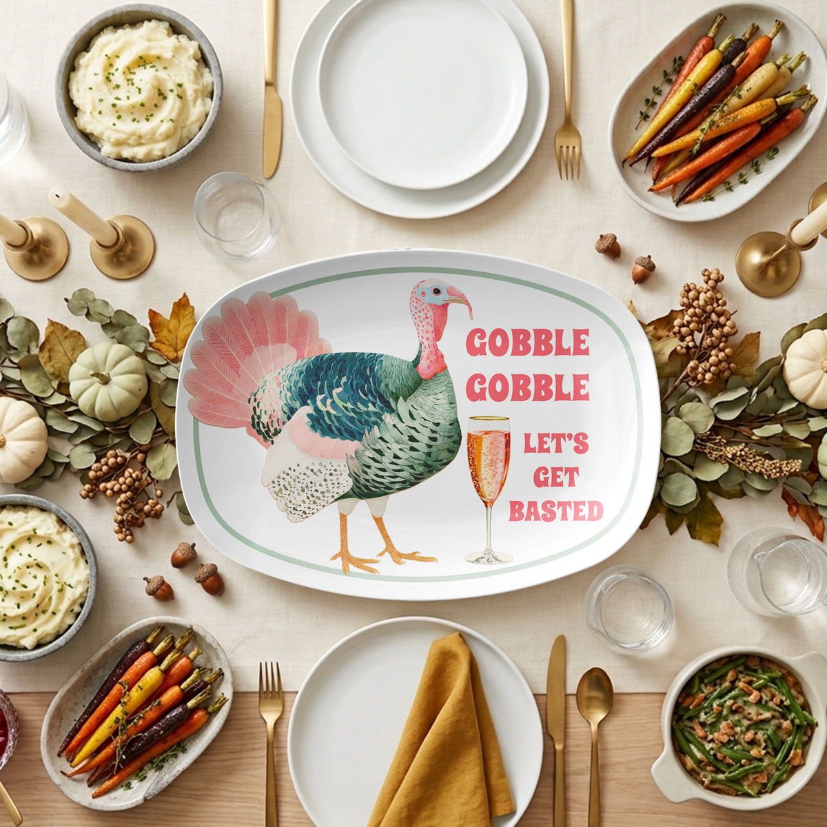 Gobble Gobble Let’s Get Basted Thanksgiving Platter, Luxe Plastic Funny Holiday Serving Dish
