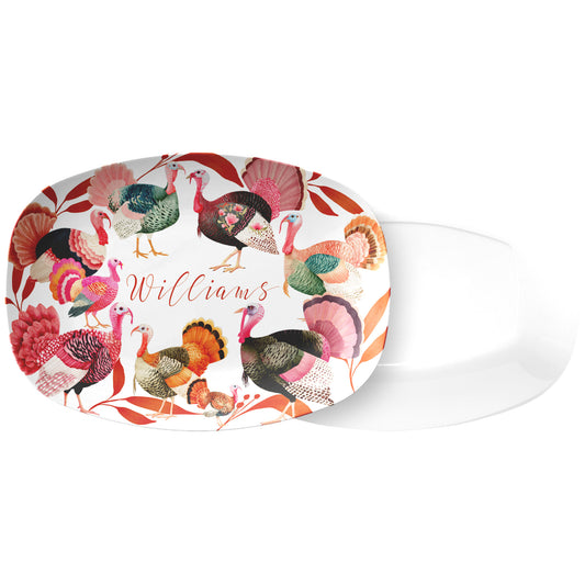 Personalized Colorful Turkey Thanksgiving Serving Platter, Luxe Plastic 10" x 14", Harvest Orange