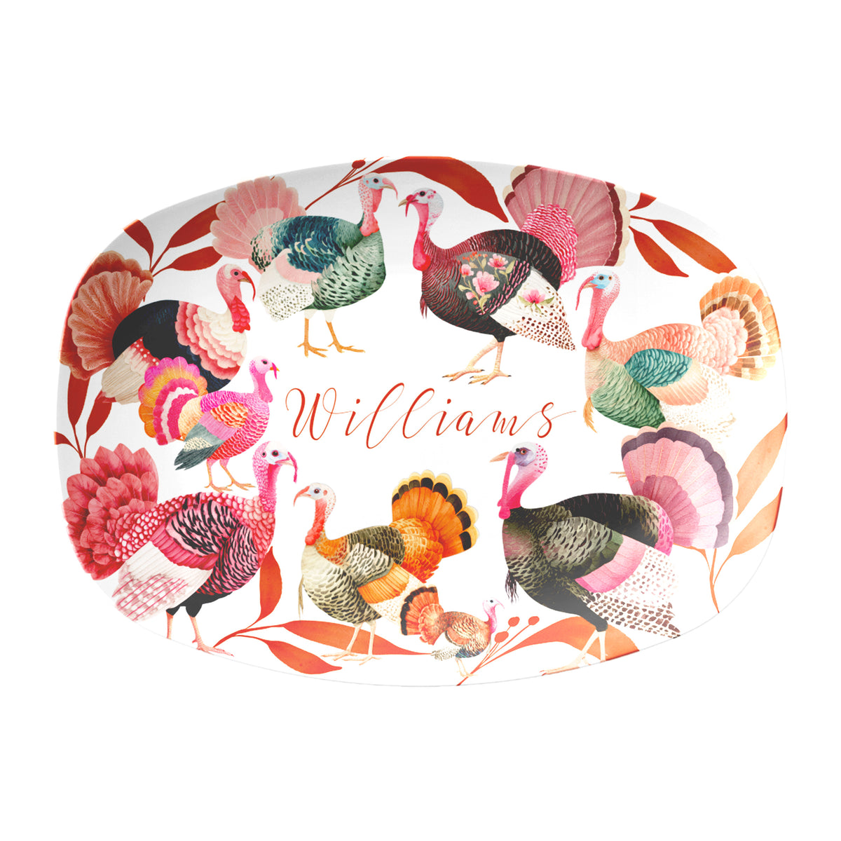 White oval serving platter features colorful turkeys and has a custom personalized name in the center