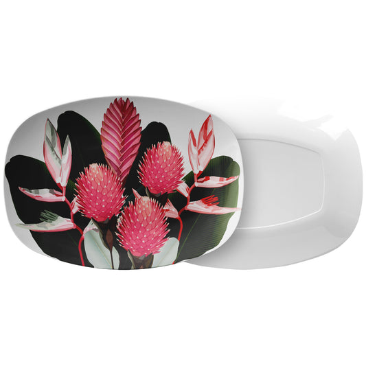Tropical Floral Serving Platter, Pink and Dark Green, Luxury Plastic