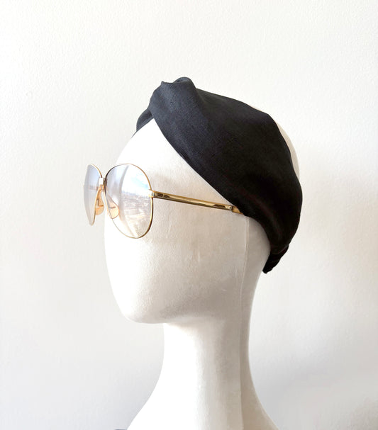 Black Linen Headband, Twist Top Knot Turban Headbands with Elastic