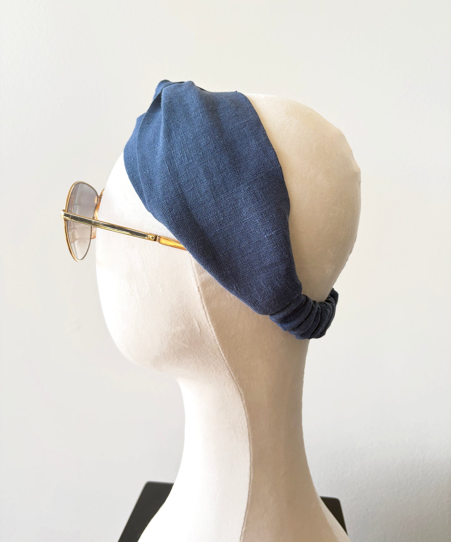 Blue Linen Headband, Wide Top Knot Turban Headband with Elastic