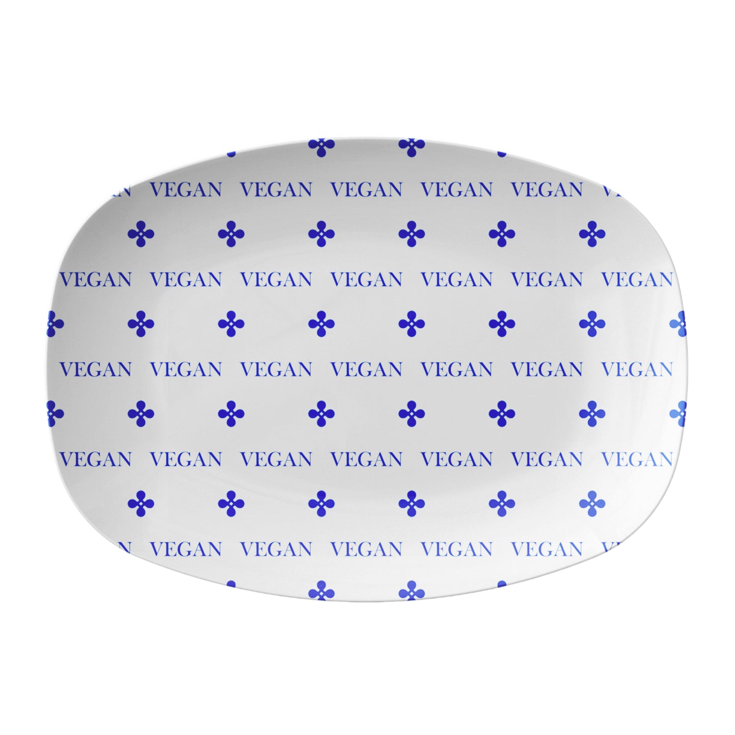 Vegan friendly serving platter features white background and blue text that says VEGAN