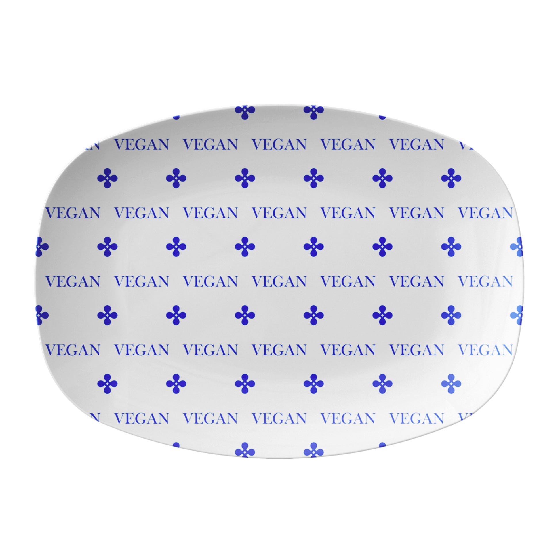 Vegan friendly serving platter features white background and blue text that says VEGAN