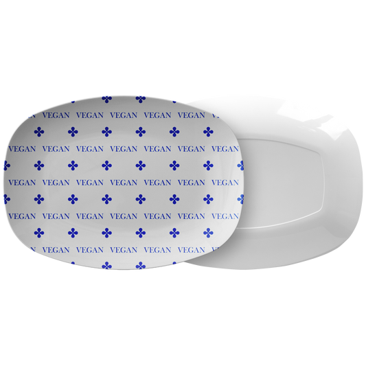 Vegan Labeled Serving Platter – Blue/White, Luxe Plastic 10" x 14"