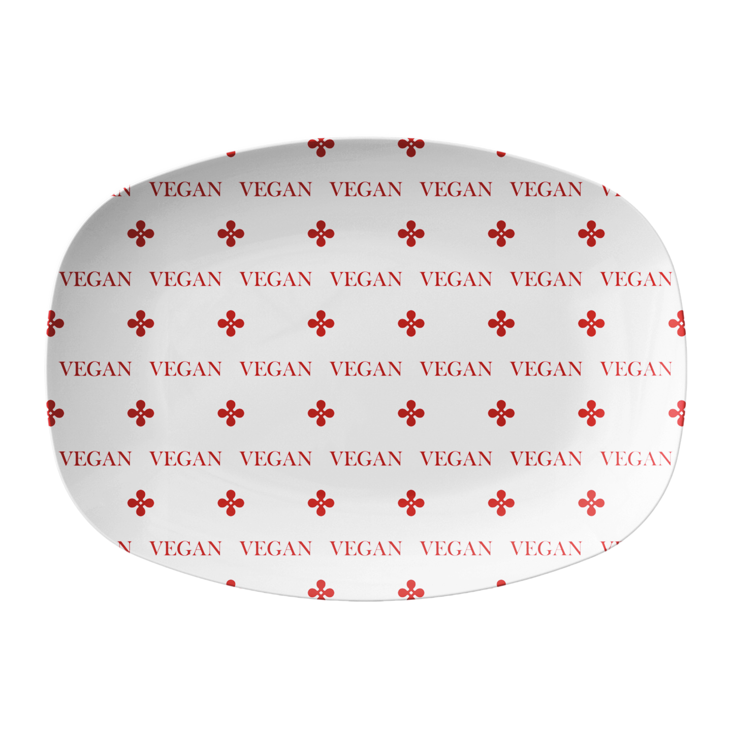 White oval serving platter with VEGAN print in red - labeled to alert plant based foods