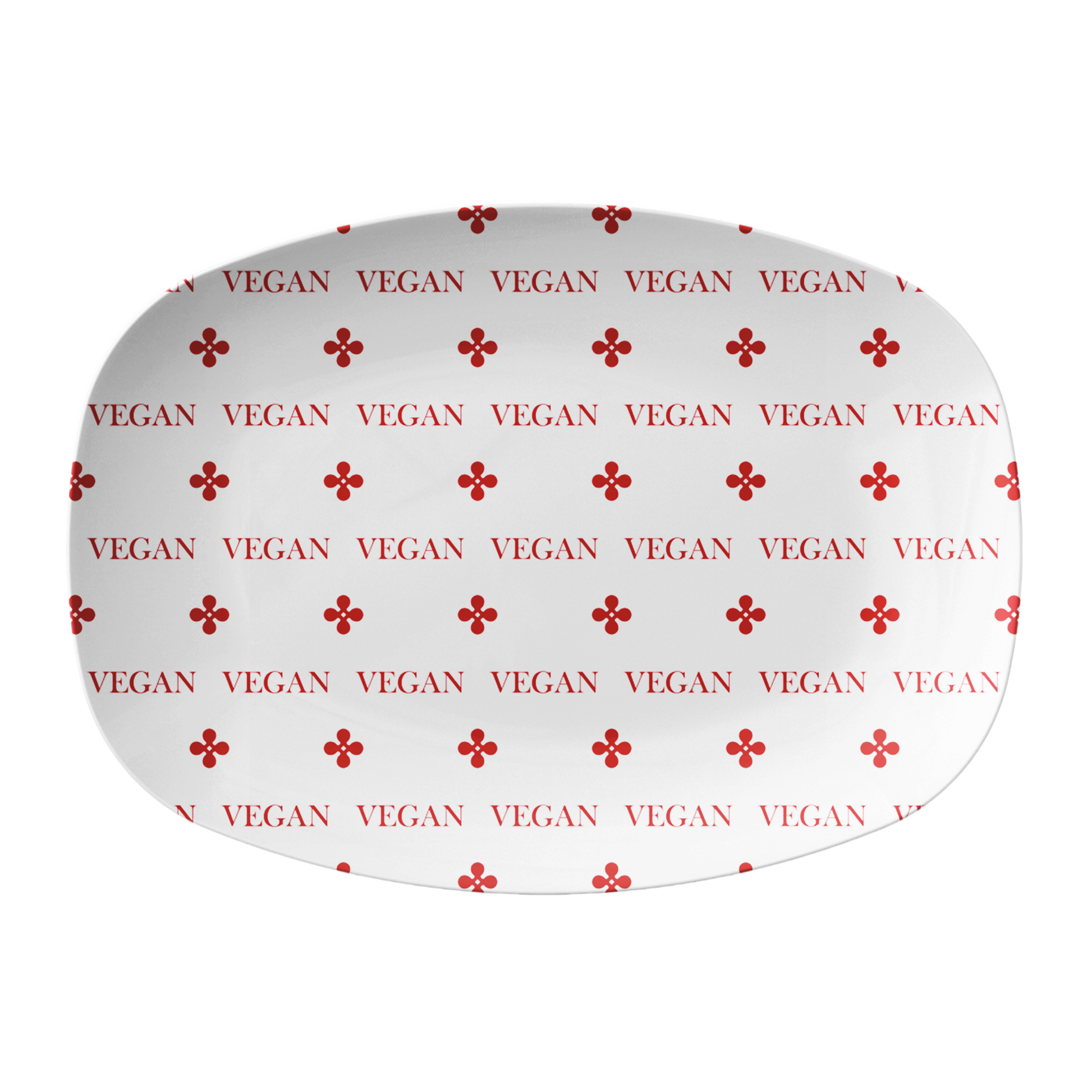 White oval serving platter with VEGAN print in red - labeled to alert plant based foods