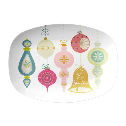 Personalized Christmas ornament serving platter has gorgeous vintage ornaments personalized with any name, word or initials om golden bell ornament