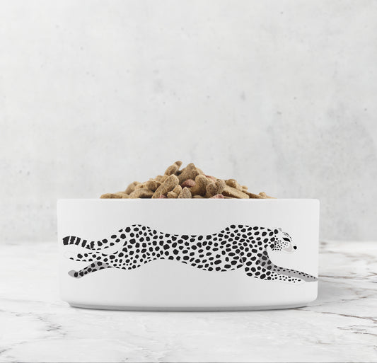 Gorgeous black and white cheetah printed on a glossy white pet bowl. Chic bowl for your dog or cat food and water.