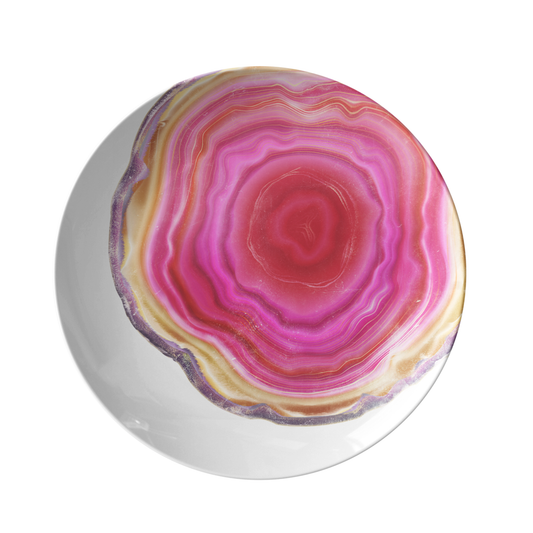 Pink Agate Plates. Plastic plate with watercolor agate art print in hot pink.