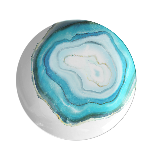 Blue agate slice plastic plate with watercolor art print.