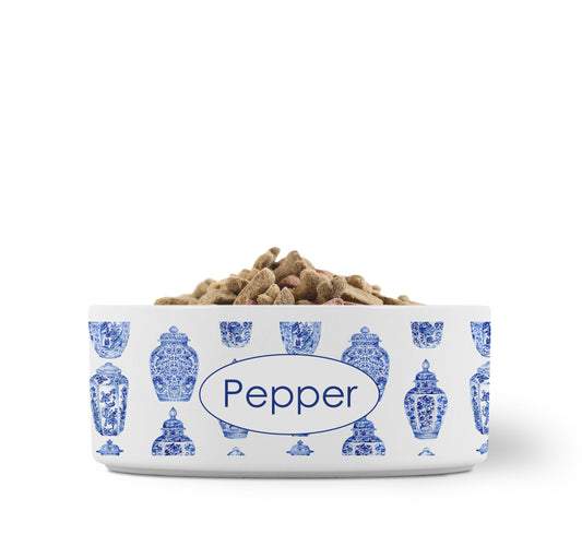 Personalized Ginger Jar Pattern Pet Bowl, Ceramic, White & Blue